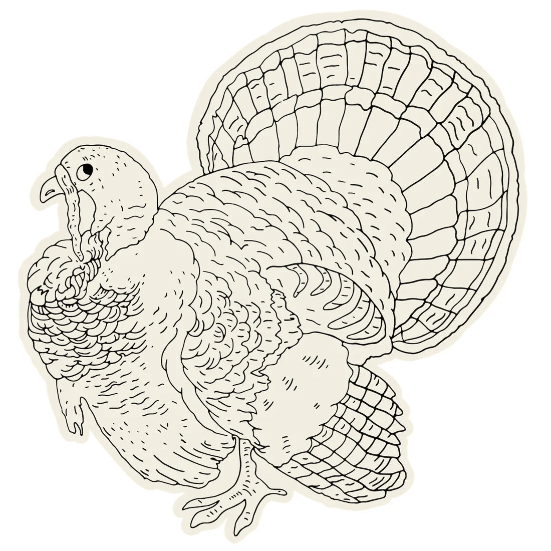 Bring a festive touch to your holiday crafts with the Hester & Cook Die Cut Coloring Turkey Placemat—a line drawing of a turkey standing in profile, complete with detailed feathers and an impressive fanned tail—perfect for a fun coloring activity.