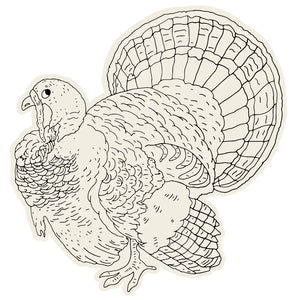 Bring a festive touch to your holiday crafts with the Hester & Cook Die Cut Coloring Turkey Placemat—a line drawing of a turkey standing in profile, complete with detailed feathers and an impressive fanned tail—perfect for a fun coloring activity.