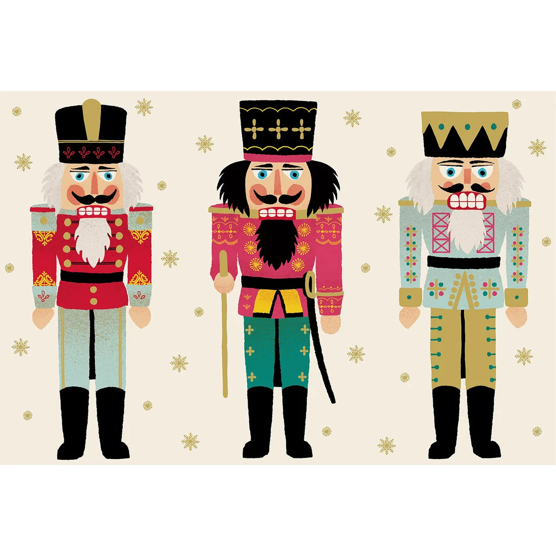 Three nutcracker figures in colorful uniforms on a cream background with gold snowflakes from the Nutcracker Collection.
