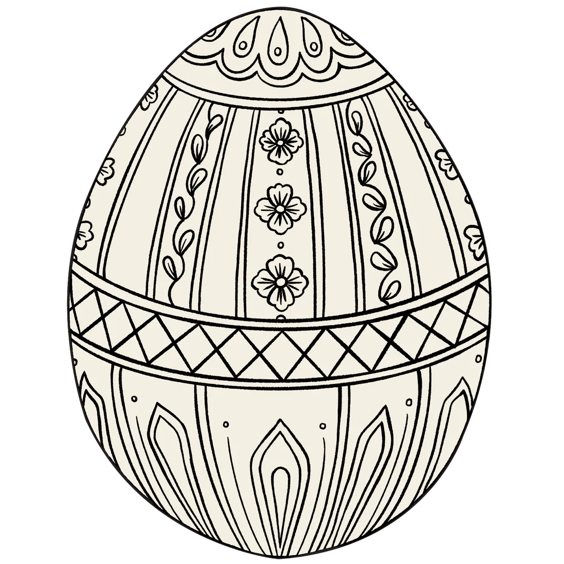 A black and white illustration of an egg with floral and geometric designs, perfect for festive spring holidays. Ideal for use as Hester & Cook Die Cut Coloring Placemats.