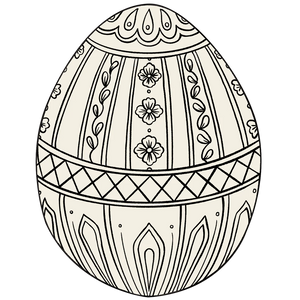 A black and white illustration of an egg with floral and geometric designs, perfect for festive spring holidays. Ideal for use as Hester & Cook Die Cut Coloring Placemats.
