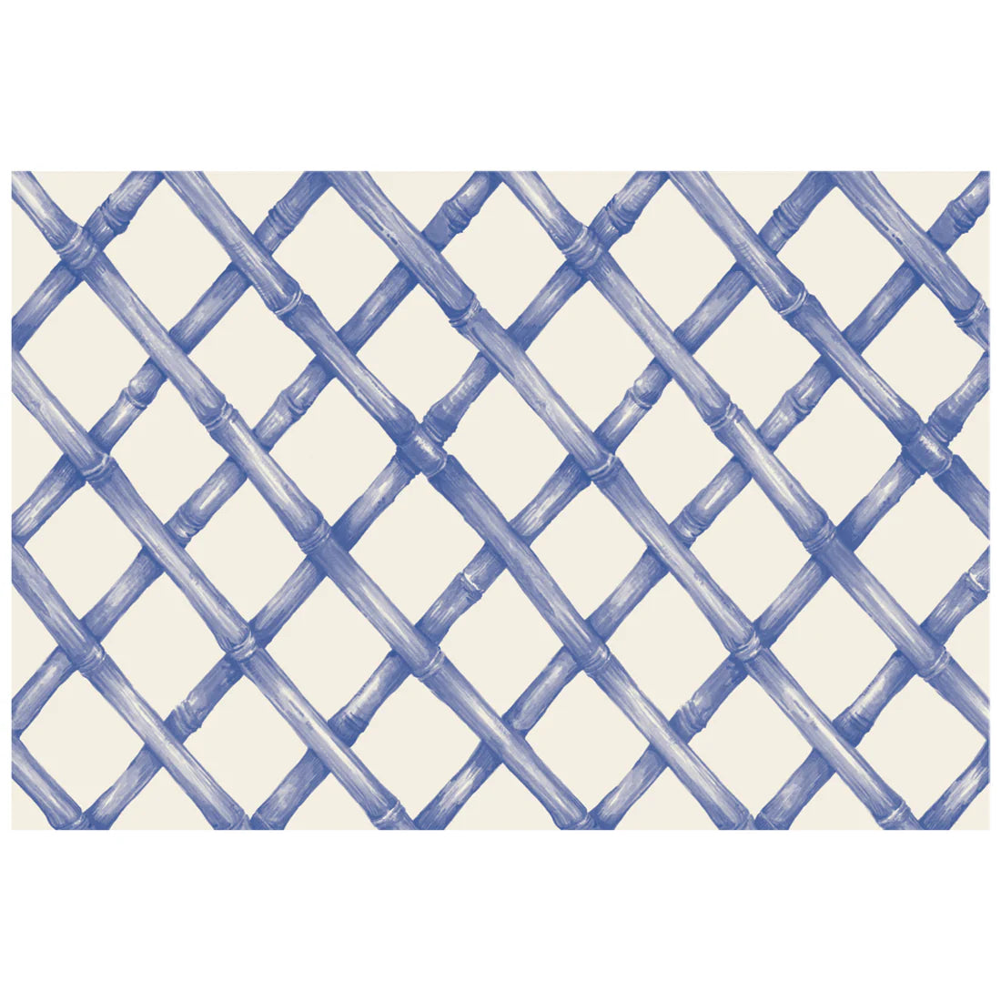 Add style to your table with the Lattice Napkin Collection by Hester & Cook, featuring a blue diagonal bamboo lattice pattern on a white background—perfect for placemats or cocktail napkins.