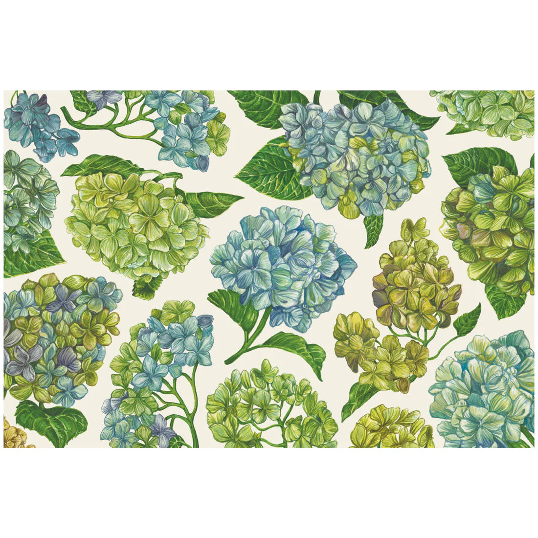 Blue and green hydrangea flowers with leafy accents from Hester & Cook's Hydrangea Collection, arranged on a white background—ideal for adding elegance to your table setting.