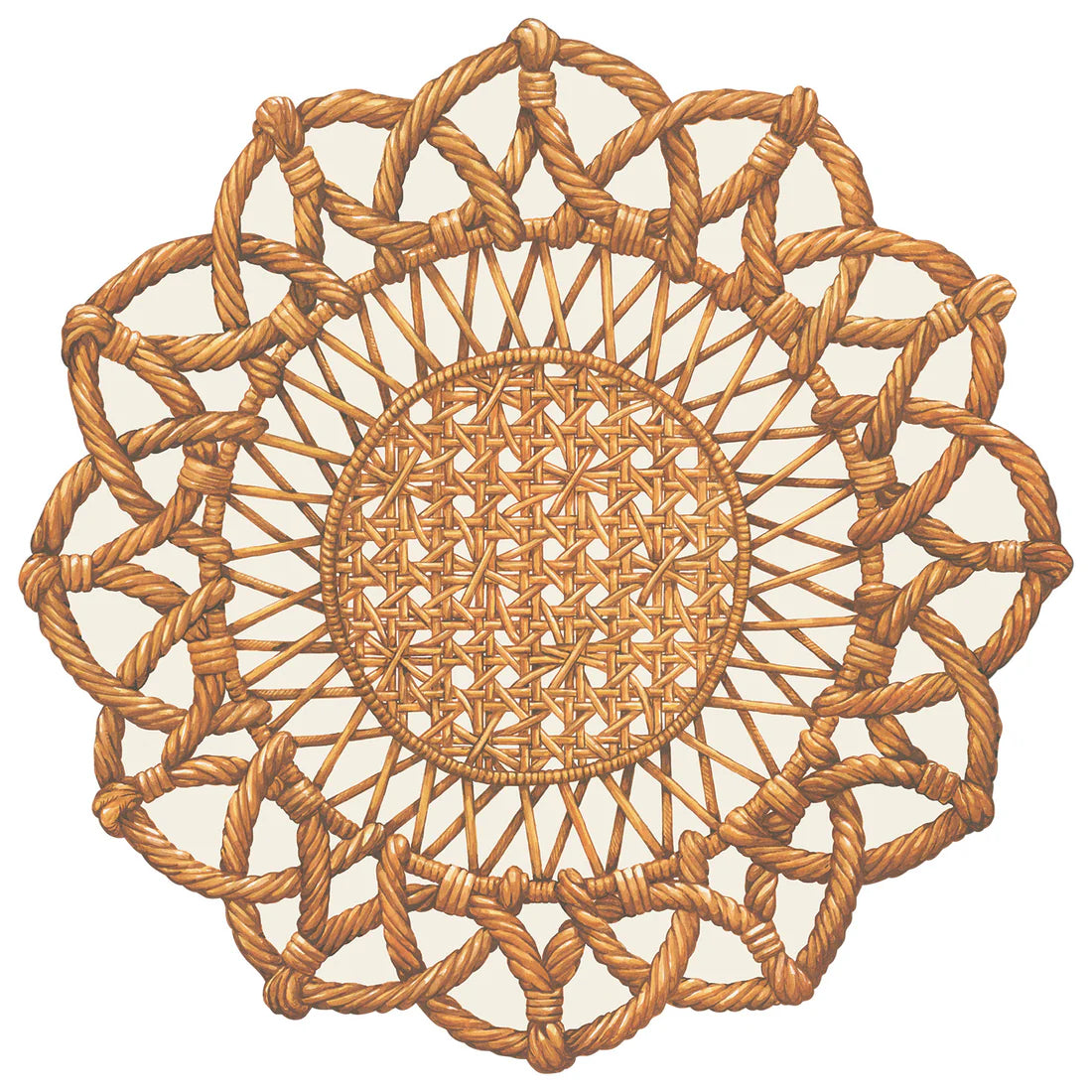 The Hester & Cook Rattan Weave Collection features a circular mat with an intricate tan braided pattern, ideal as a natural placemat for your table setting.