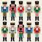 A pattern of ten nutcracker figures in colorful uniforms and hats arranged against a light background with small gold stars, from the Hester & Cook Nutcracker Collection.
