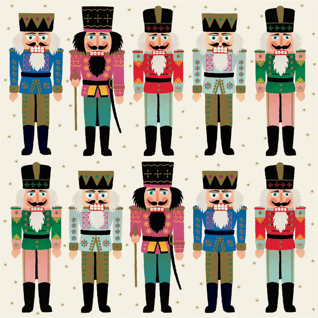 A pattern of ten nutcracker figures in colorful uniforms and hats arranged against a light background with small gold stars, from the Hester & Cook Nutcracker Collection.