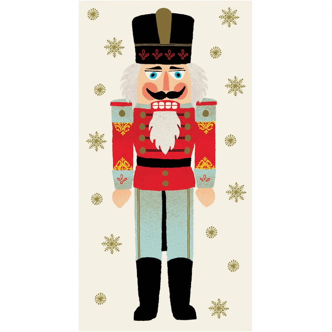A toy soldier nutcracker in a red uniform and tall black hat, surrounded by gold snowflakes on a cream background from the Hester & Cook Nutcracker Collection.