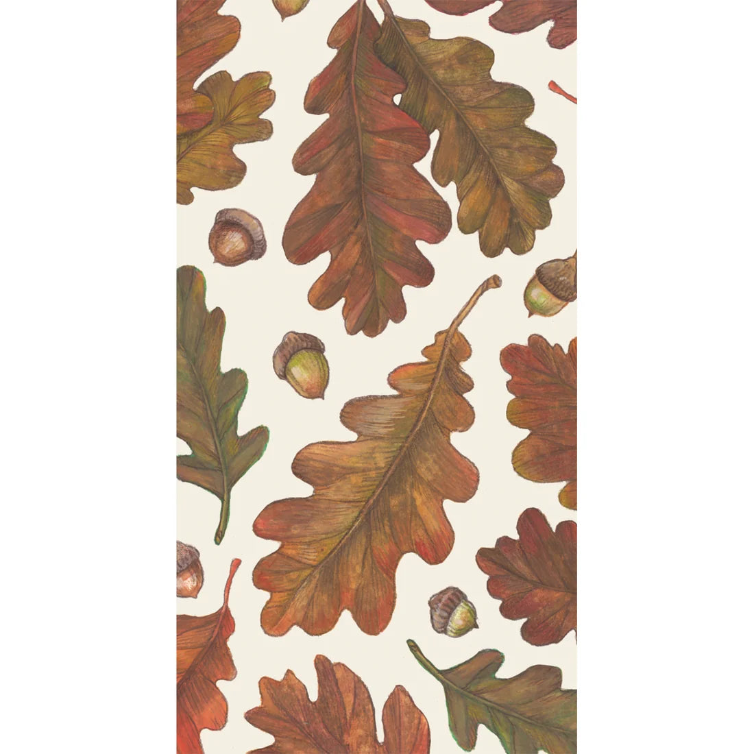 Experience the essence of fall colors with the Autumn Leaves Collection by Hester & Cook—featuring fresh leaves in brown, orange, and green oak hues with scattered acorns on a light background, perfect for any Autumn occasion.