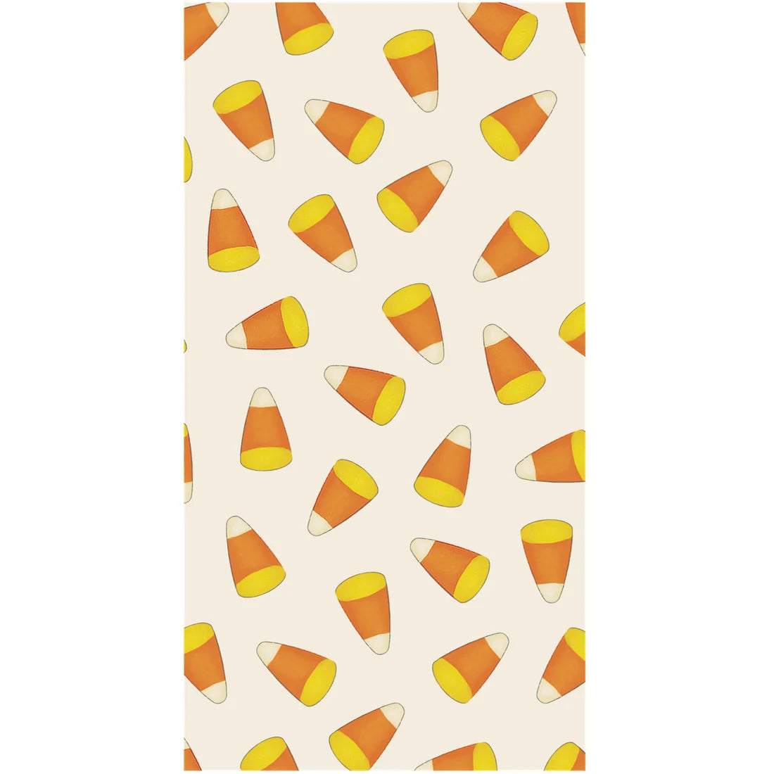 Pattern of scattered candy corn pieces on a cream-colored background, part of the Candy Corn Collection by Hester & Cook—perfect for creating festive napkins or adding a playful touch to your Halloween table setting.