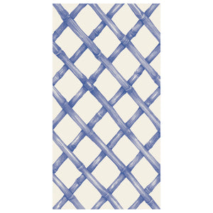 The Hester & Cook Lattice Napkin Collection features a rectangular panel with a blue crisscross lattice on white, ideal for pairing with matching placemats or cocktail napkins from the collection.
