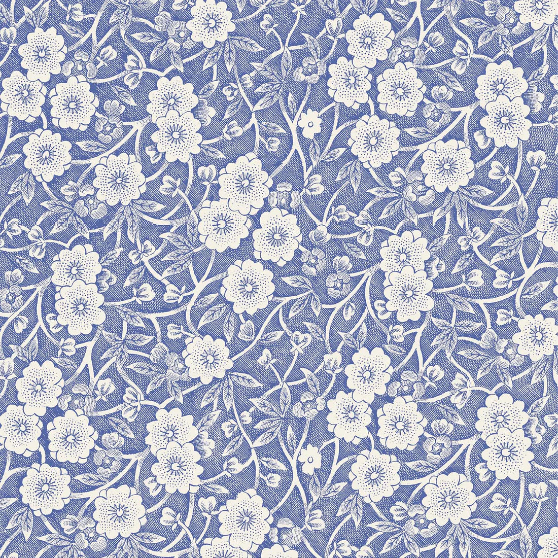 The Calico Napkin Collection by Hester & Cook features a seamless blue-and-white floral pattern with detailed leaves and vines—ideal for adding elegance to your tablescape or decor.