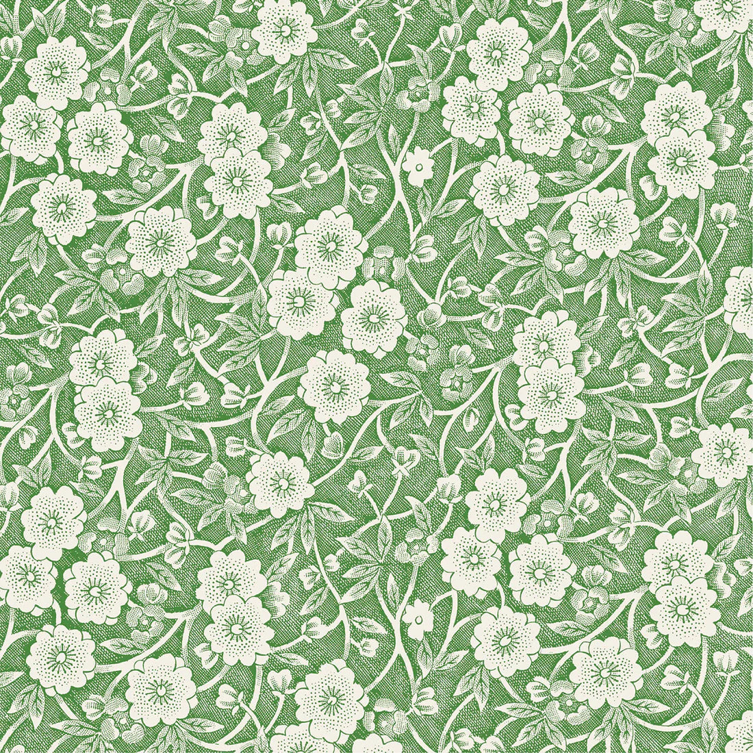 The Calico Napkin Collection by Hester & Cook features a seamless green pattern of scrolling flowers and leaves in detailed line art—ideal for decorative projects or stylish napkins.