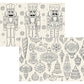Line art pattern from the Nutcracker Collection featuring three nutcracker figures on top and various Christmas ornaments on the bottom.