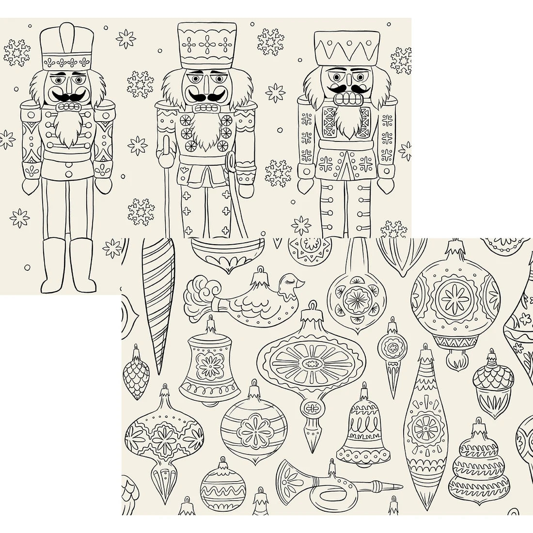 Line art pattern from the Nutcracker Collection featuring three nutcracker figures on top and various Christmas ornaments on the bottom.