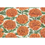 Featuring a repeating pattern of vibrant orange marigold flowers with green leaves on a crisp white background, the Marigold Collection by Hester & Cook is perfect for adding a festive touch to your Thanksgiving table or enhancing your fall decor.