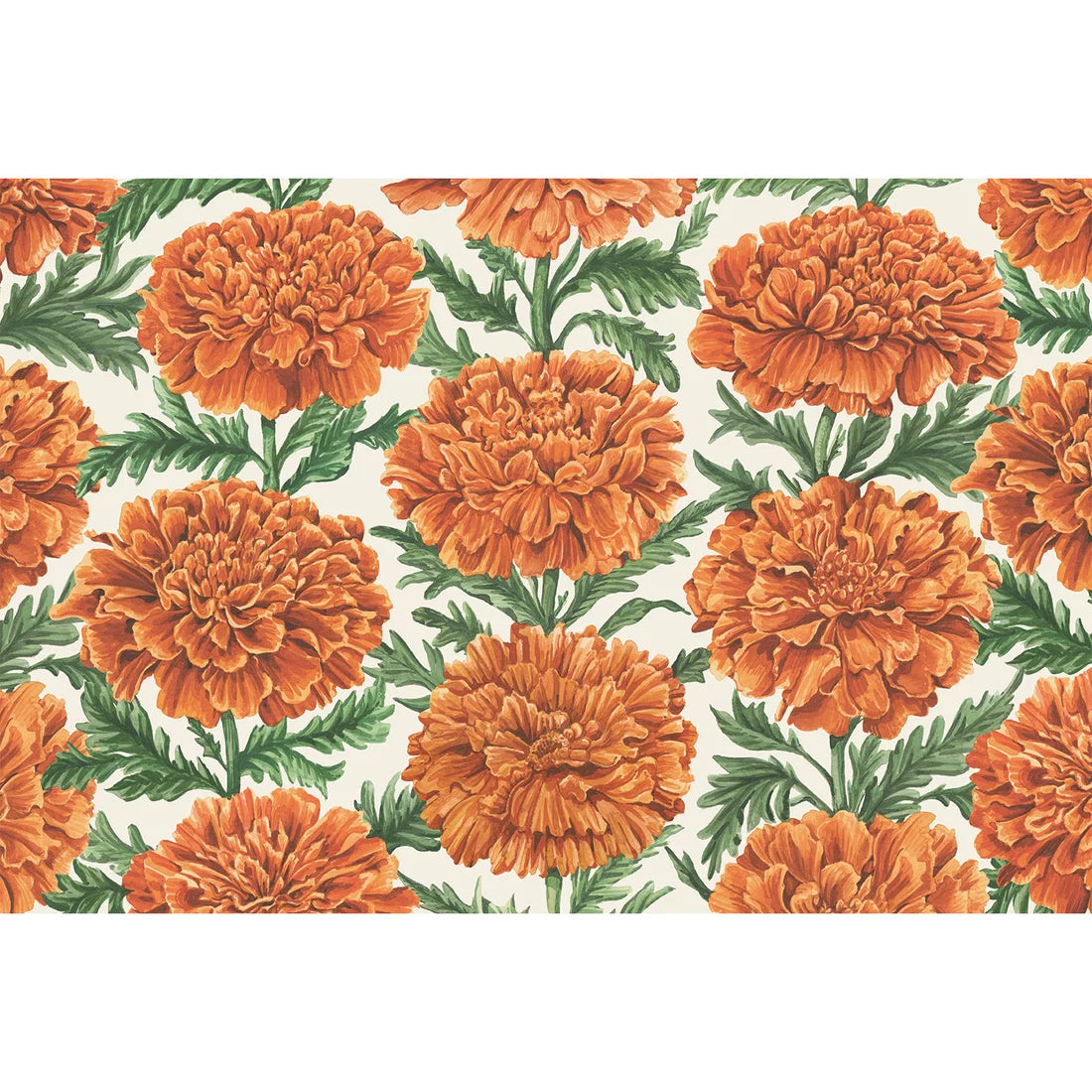 Featuring a repeating pattern of vibrant orange marigold flowers with green leaves on a crisp white background, the Marigold Collection by Hester & Cook is perfect for adding a festive touch to your Thanksgiving table or enhancing your fall decor.