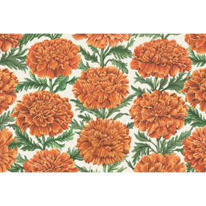 Featuring a repeating pattern of vibrant orange marigold flowers with green leaves on a crisp white background, the Marigold Collection by Hester & Cook is perfect for adding a festive touch to your Thanksgiving table or enhancing your fall decor.
