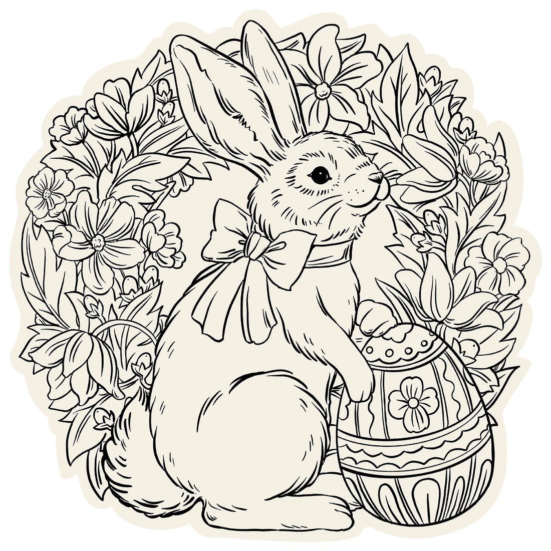A rabbit with a bow sits by a decorated egg amid a floral wreath—perfect for spring holidays or as charming Hester & Cook Die Cut Coloring Placemats.