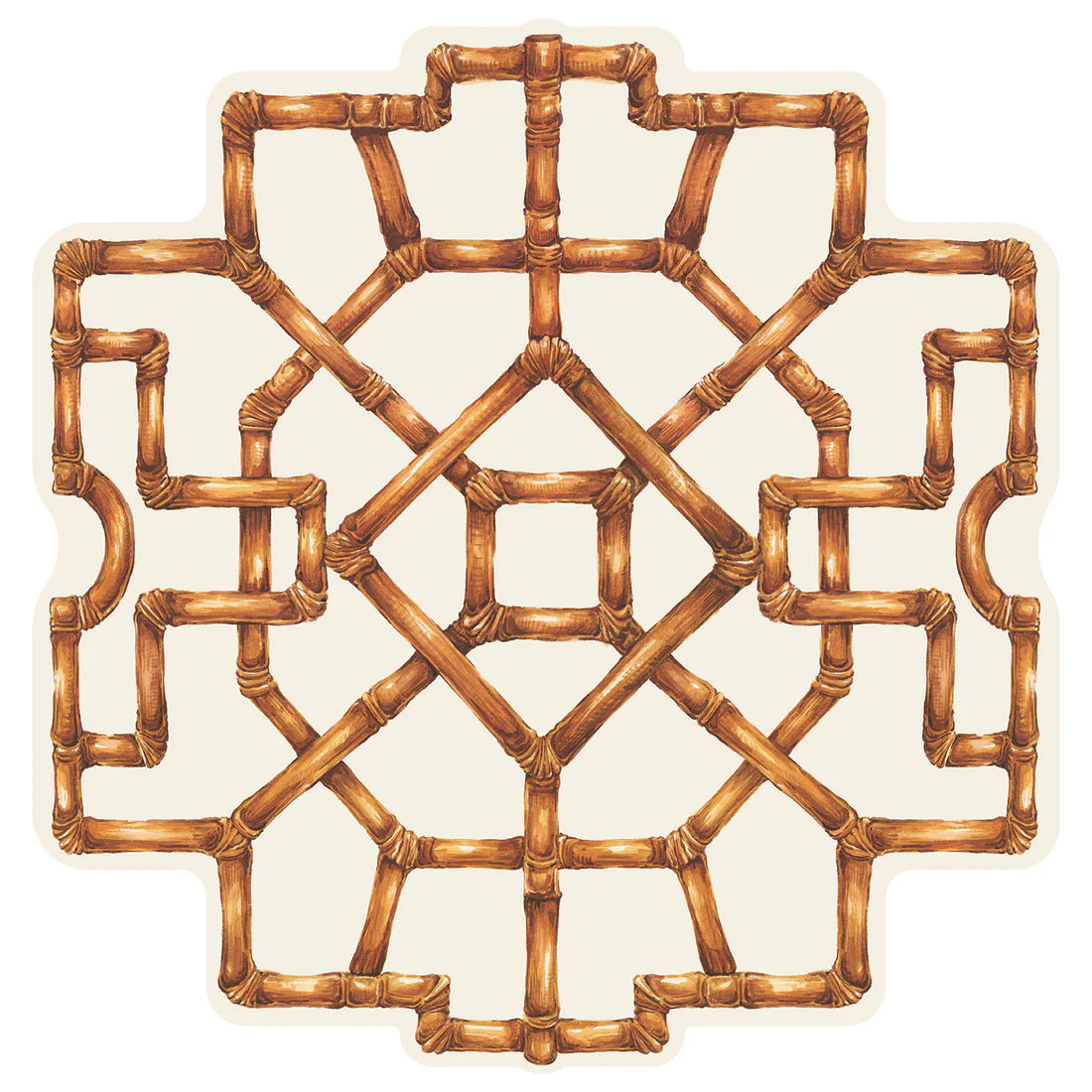 Hester & Cook’s Die-cut Bamboo Placemat Collection features a geometric bamboo lattice with interlocking squares and lines on a light background—perfect for festive table decor.