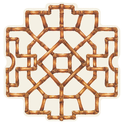 Hester & Cook’s Die-cut Bamboo Placemat Collection features a geometric bamboo lattice with interlocking squares and lines on a light background—perfect for festive table decor.