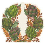 Six green artichokes and brown leaves from the Autumnal Artichoke collection by Hester & Cook form a circular frame on a light background, evoking fall colors and leaving the center empty.
