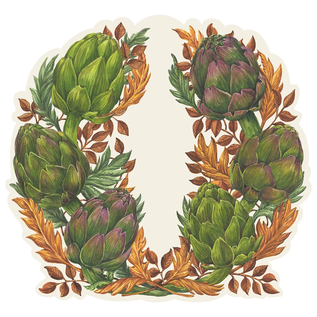Six green artichokes and brown leaves from the Autumnal Artichoke collection by Hester & Cook form a circular frame on a light background, evoking fall colors and leaving the center empty.