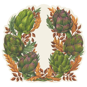 Six green artichokes and brown leaves from the Autumnal Artichoke collection by Hester & Cook form a circular frame on a light background, evoking fall colors and leaving the center empty.