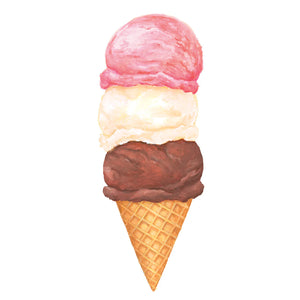 The Hester & Cook Ice Cream Collection features a delightful waffle cone with three scoops—pink, white, and brown—presented as a sweet treat against a white background.
