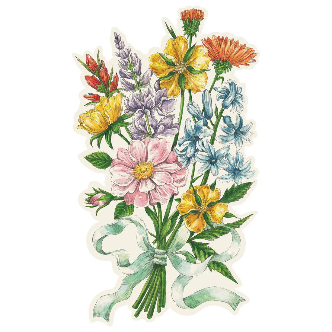 Illustration of a colorful wildflower bouquet from Hester & Cook's Wildflower Meadow Collection, tied with a light green ribbon.