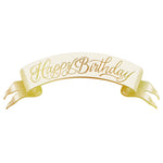 The Hester & Cook Happy Birthday Banner Table Accent features elegant gold and white script on a holographic foil banner—perfect for adding shimmer to any party décor or table setting.
