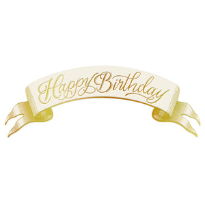 The Hester & Cook Happy Birthday Banner Table Accent features elegant gold and white script on a holographic foil banner—perfect for adding shimmer to any party décor or table setting.