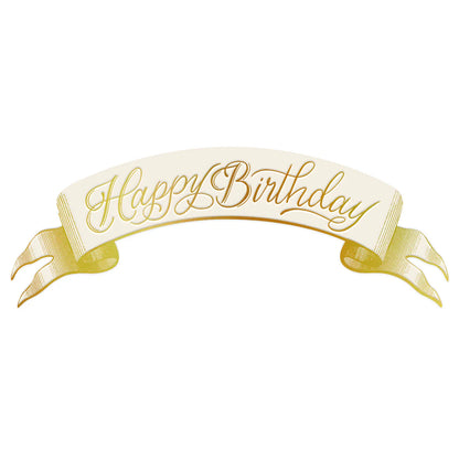 The Hester & Cook Happy Birthday Banner Table Accent features elegant gold and white script on a holographic foil banner—perfect for adding shimmer to any party décor or table setting.
