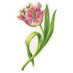 Illustration of a single pink and green parrot tulip with ruffled petals and slender leaves on white—a bright touch for spring tables, part of the Hester & Cook Parrot Tulip Place Setting Collection.