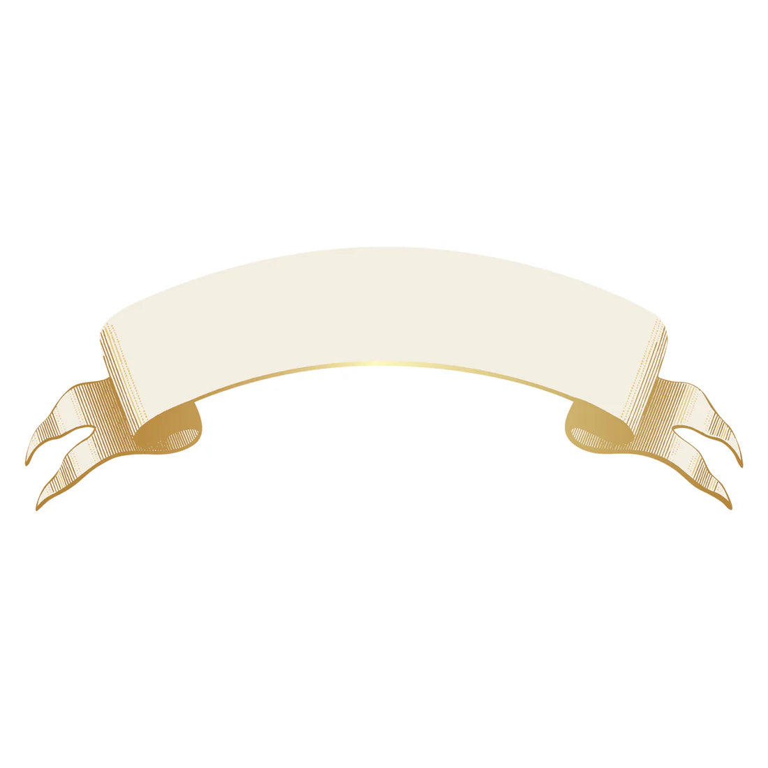 A blank, beige ribbon banner with curled ends by Hester & Cook—perfect as a personalized accent for your Classic Gold Banner Table Accent or an elegant place setting.