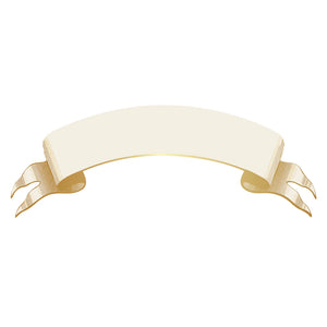 A blank, beige ribbon banner with curled ends by Hester & Cook—perfect as a personalized accent for your Classic Gold Banner Table Accent or an elegant place setting.