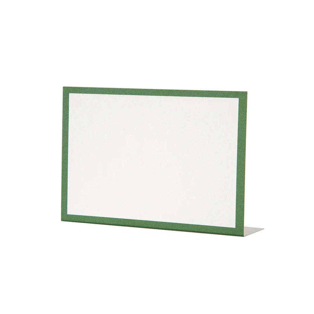 The Hester & Cook Frame Place Cards are blank white cards with a green border, standing upright on a white background—ideal for use as buffet or charcuterie board labels.