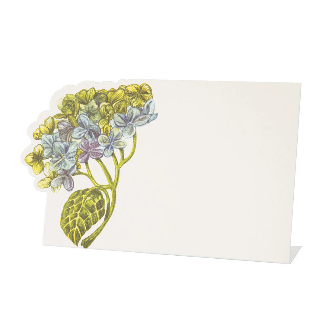 The Hester & Cook Floral Place Card Collection features a blank white card with hydrangea flowers and a green leaf on the left—ideal for elegant table settings or floral seating assignments.