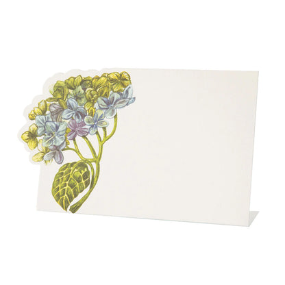 A blank cream-colored card from Hester & Cook’s Hydrangea Collection, featuring yellow and purple hydrangea flowers—perfect for charming table settings or sharing your unique Hydrangea Story.