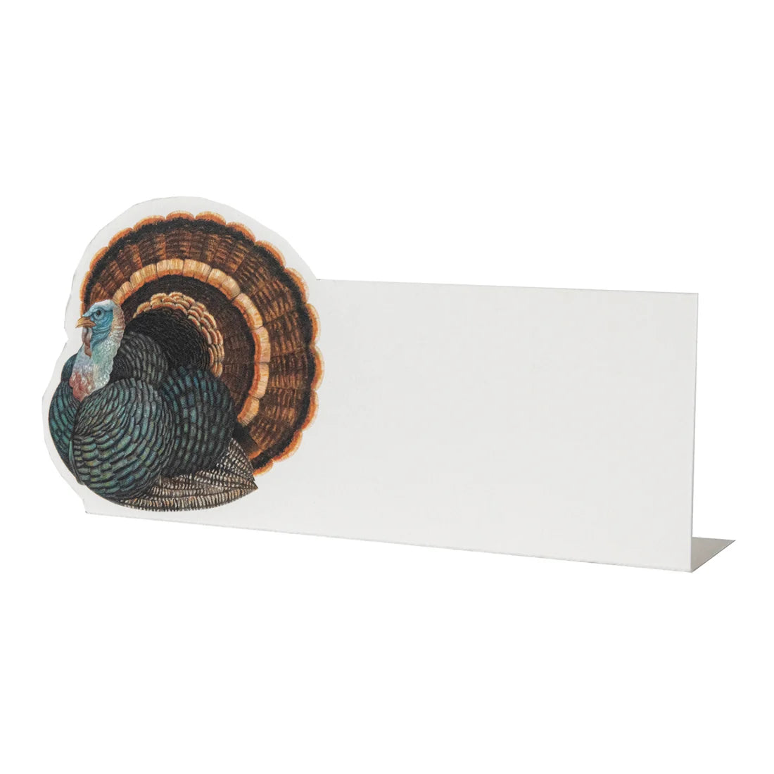 A blank place card from Hester & Cook’s Heritage Turkey Collection, featuring a classic turkey illustration on the left side, stands upright on a white background—perfect for adding timeless style to your seating assignments.
