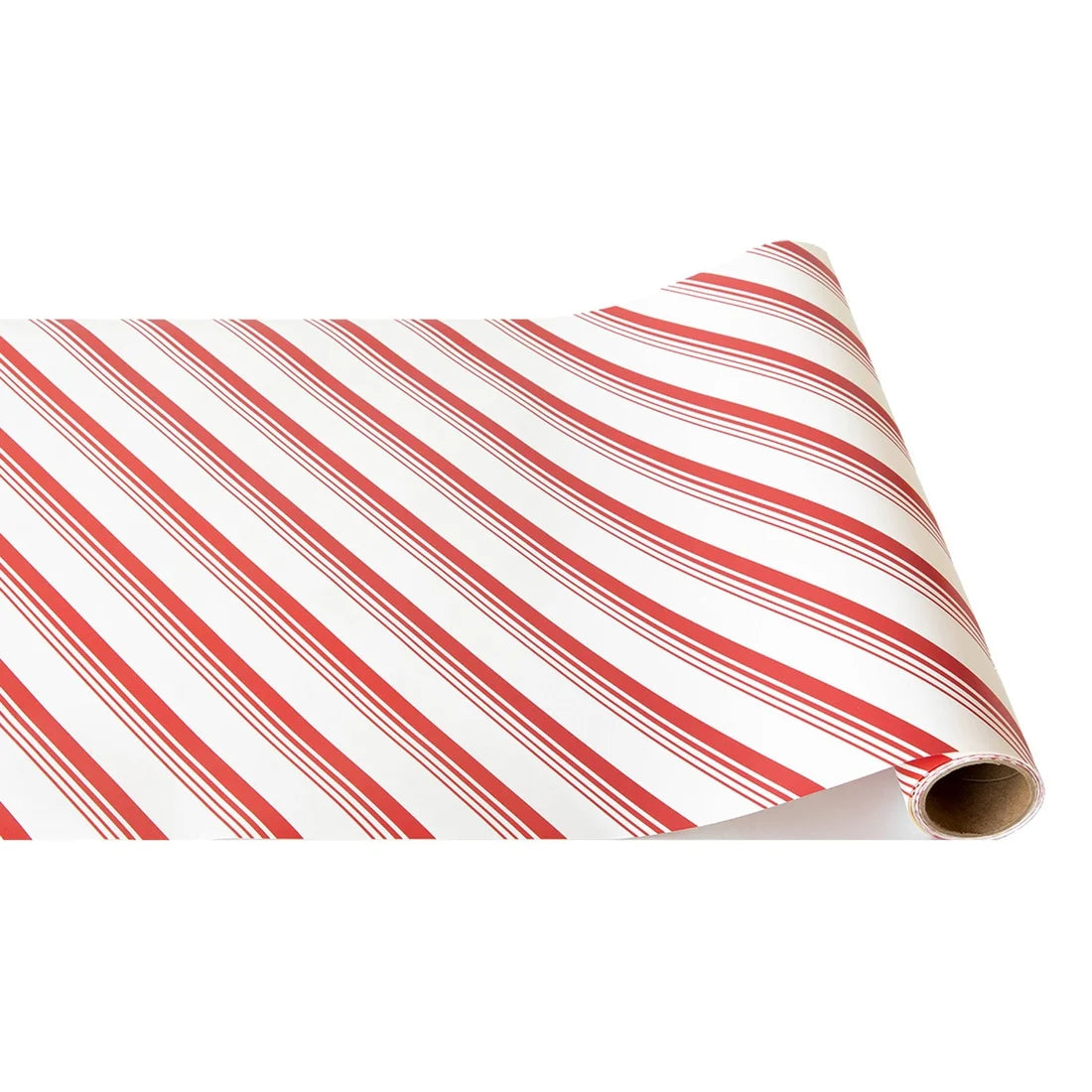 A roll of paper from the Candy Cane Collection featuring a red and white diagonal candy cane stripe pattern perfect for a festive tablescape.