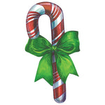 Red and white striped Candy Cane Collection peppermint candy cane adorned with a large green bow for festive decor.