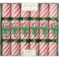 Hester & Cook Candy Cane Collection: a box of six red and white peppermint-striped festive crackers, each accented with a green bow and a candy cane illustration for a holiday gathering.