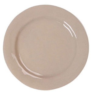 The Puro Taupe Dinnerware Collection by Juliska features a plain, round beige ceramic plate with a smooth, subtly reflective surface—ideal for elegant table settings thanks to its versatile taupe color.