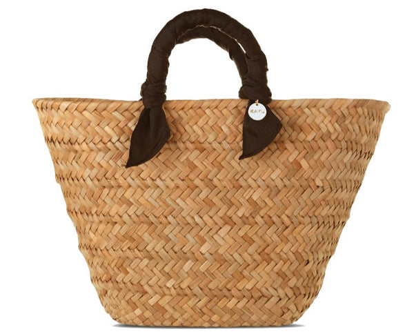 Kayu Rosie Large Tote bag with dark brown fabric handles tied in knots, isolated on a white background.