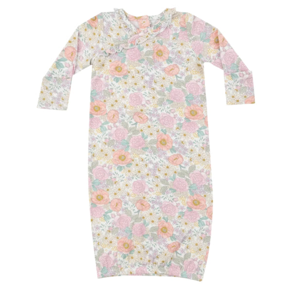 The Angel Dear Peonies and Roses Kimono Gown is a newborn gown with long sleeves, showcasing pastel pink, yellow, and green flowers on a light background. It features an elastic bottom and fold-over cuffs to enhance comfort.