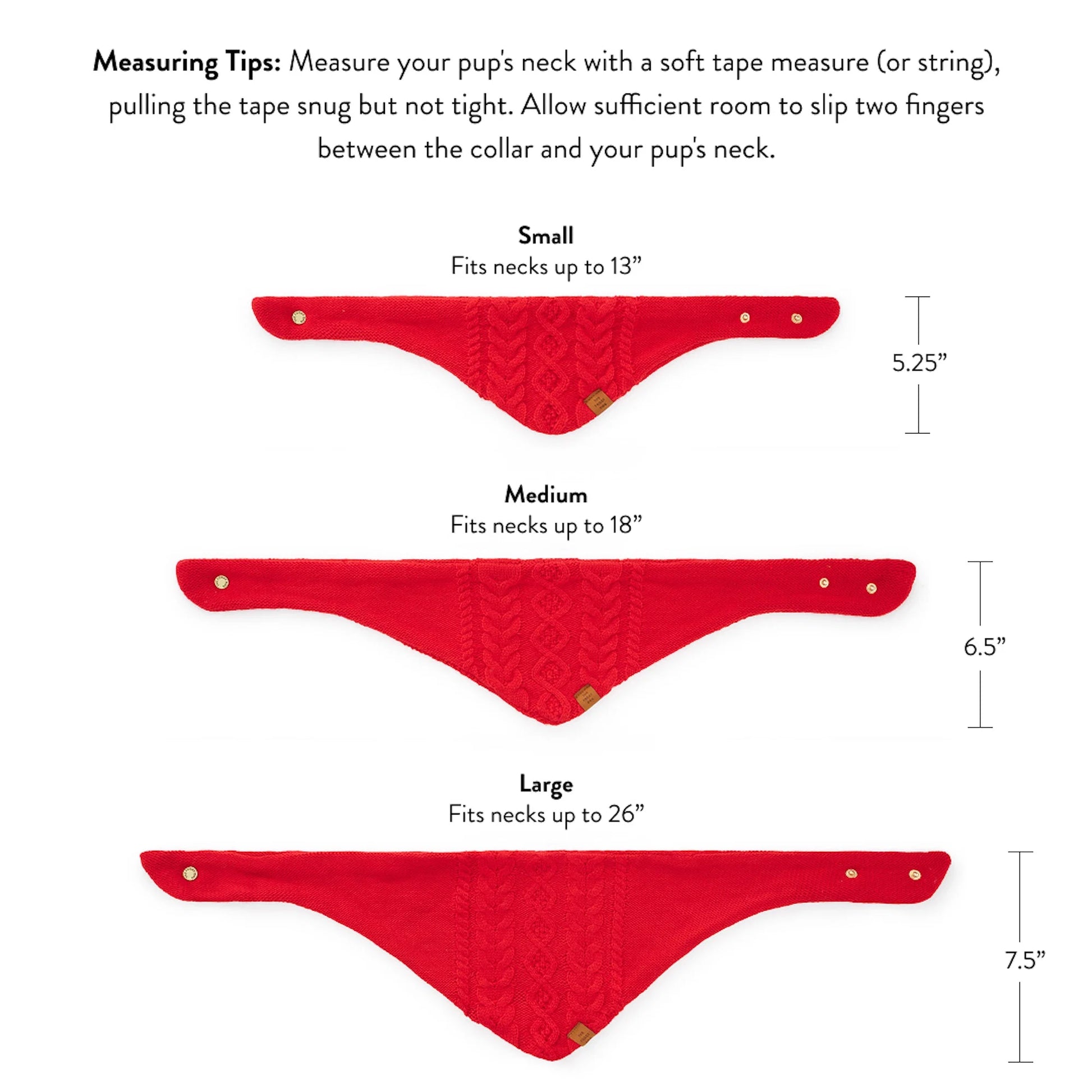 Three Football Knit Dog Bandanas by The Foggy Dog in red are displayed in small, medium, and large sizes, with measurements provided for neck fit and collar width. Each sporty knit bandana features an adjustable snap closure for a comfortable fit, plus helpful measuring tips to ensure you pick the right size—making it an essential game day accessory for your pup.