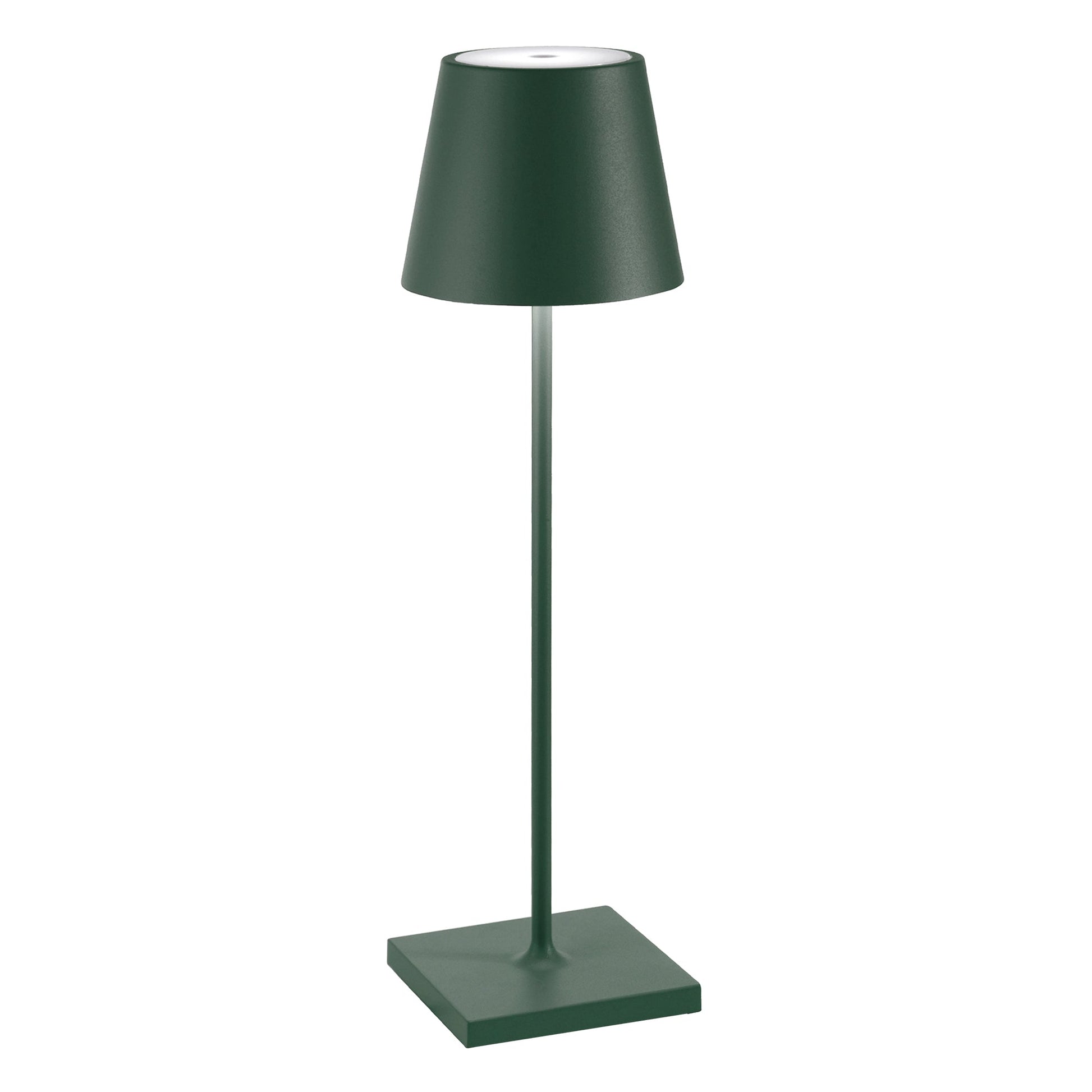 The Poldina Pro Lamp Collection by Zafferano America features a modern, dark green cordless LED table lamp with a conical shade and square base—ideal for indoor or outdoor use—displayed on a plain white background.