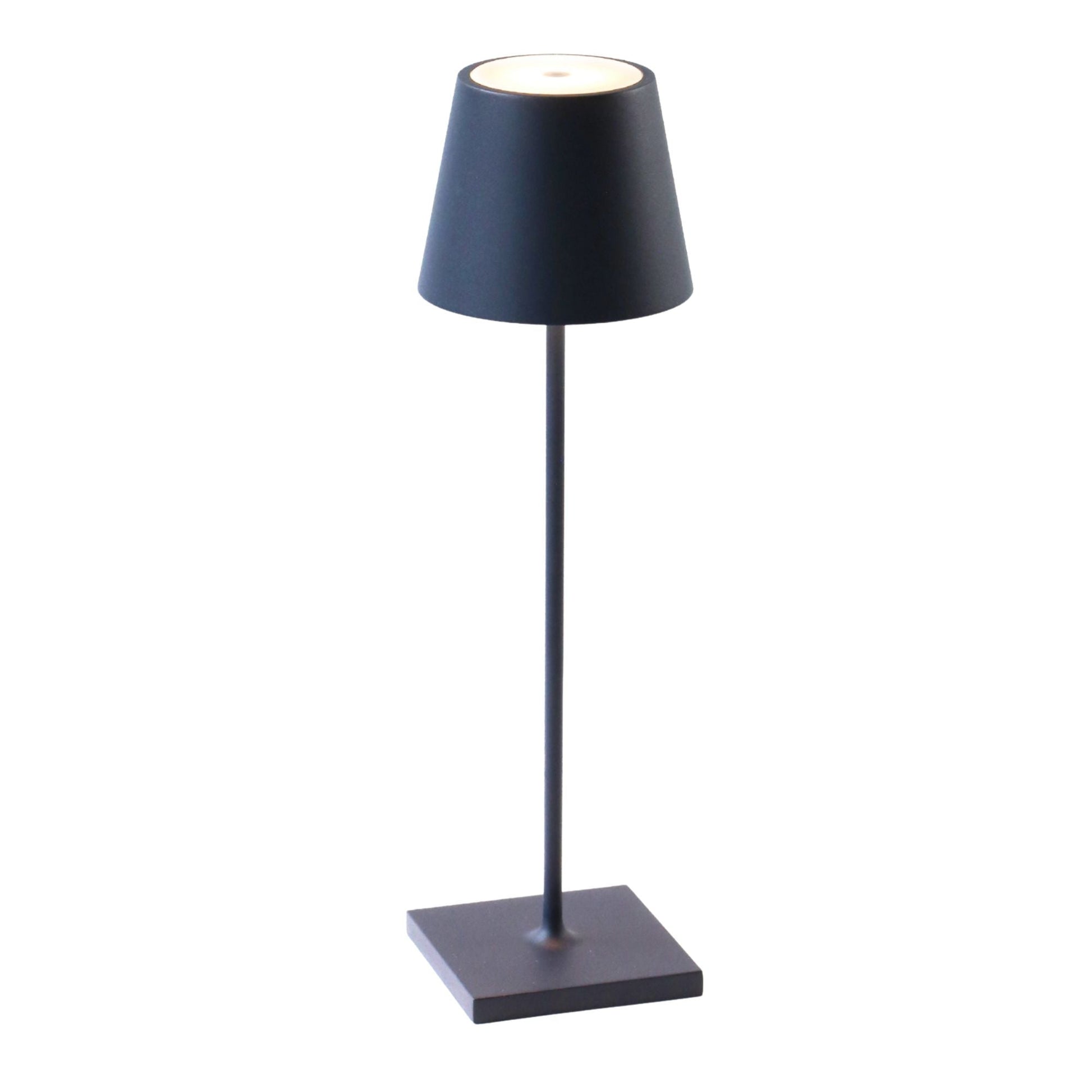 The Zafferano America Poldina Pro Lamp Collection features a modern black cordless LED table lamp with a conical shade, slim stem, and square base—perfect for indoor or outdoor use.