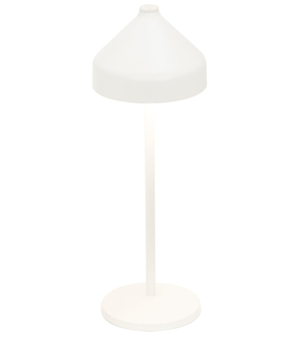 The Zafferano America Amelie Pro Table Lamp in White features a conical shade, slim stem, and round base. Rechargeable and portable, it’s ideal for indoor or outdoor use against any plain background.