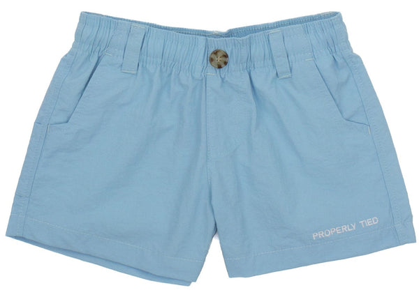 Light blue Properly Tied Mallard Shorts with an elastic waistband and a single button closure, featuring the text "properly tied" stitched near the hem.